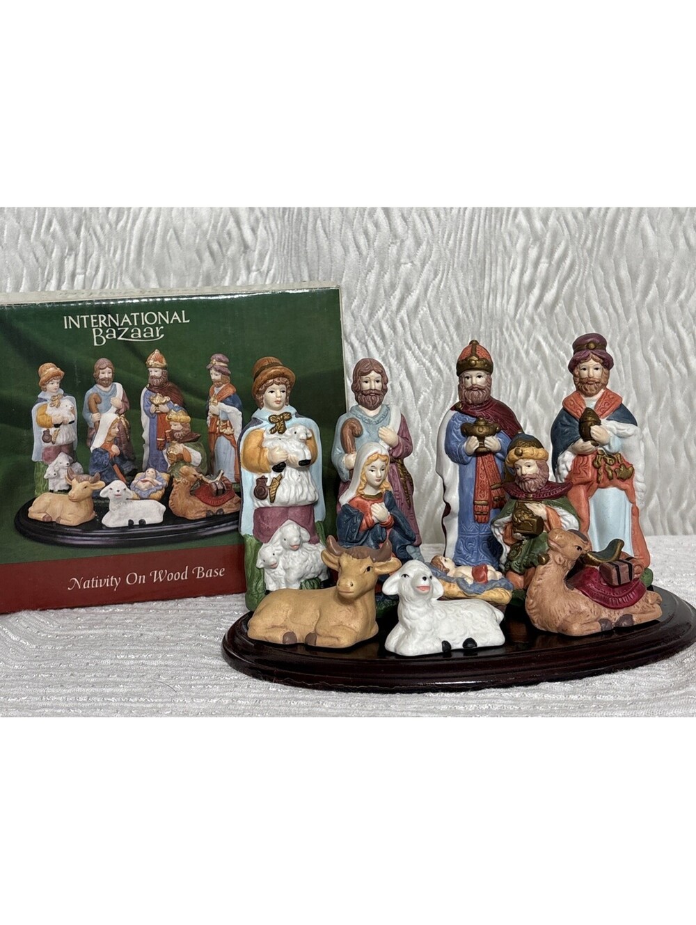 Vtg Christmas Nativity Set Porcelain Figurines Wood Base by International Bazaar